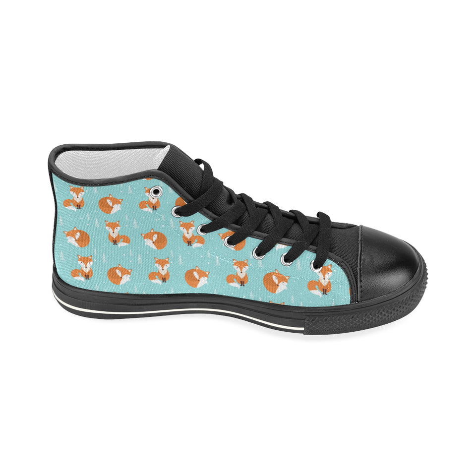 Fox pattern blue b ackground Women's High Top Canvas Shoes Black