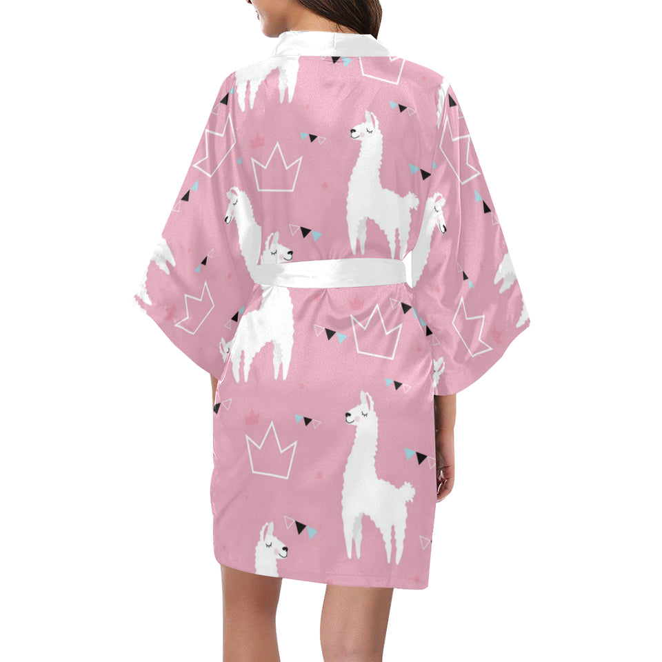 Llama Alpaca pink background Women's Short Kimono Robe