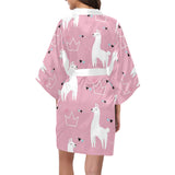 Llama Alpaca pink background Women's Short Kimono Robe