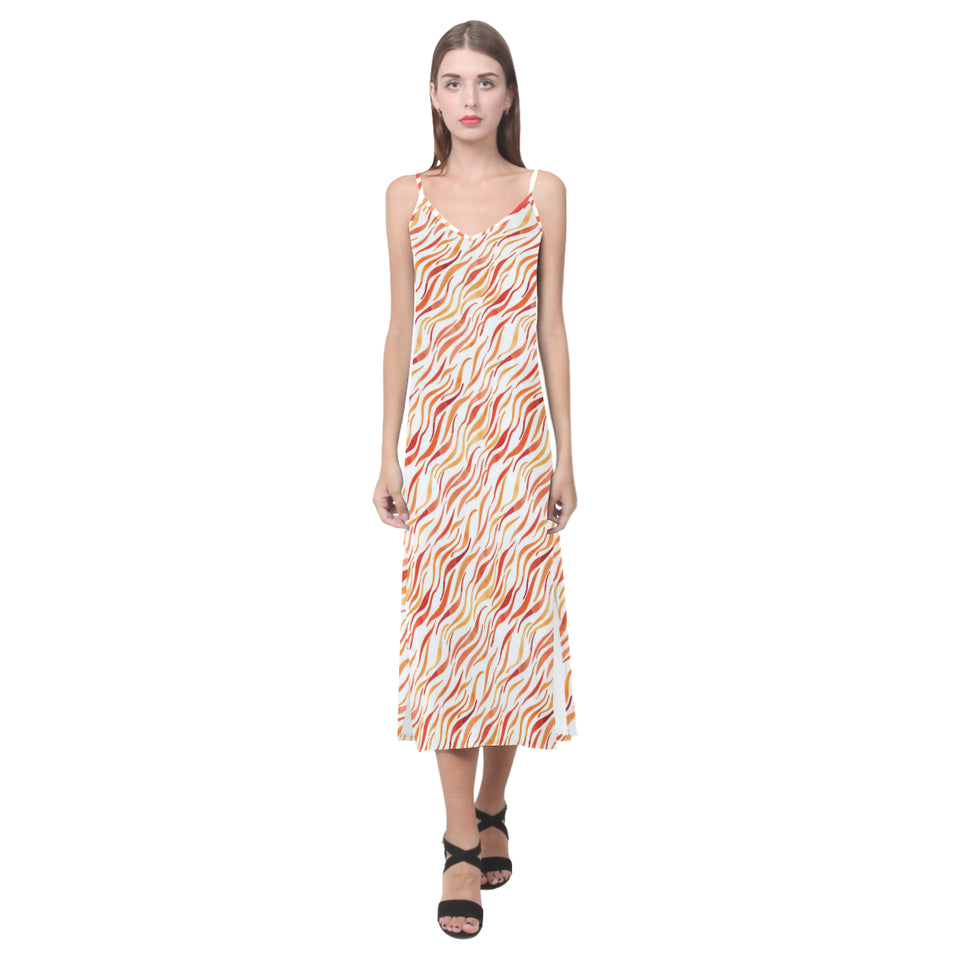 Fire flame watercolor pattern V-Neck Open Fork Long Dress