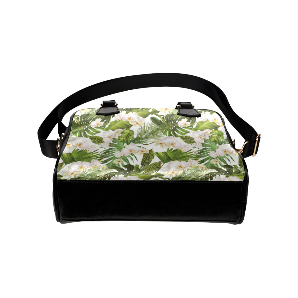 White orchid flower tropical leaves pattern Shoulder Handbag