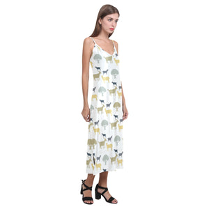 Silhouettes of goat and tree pattern V-Neck Open Fork Long Dress