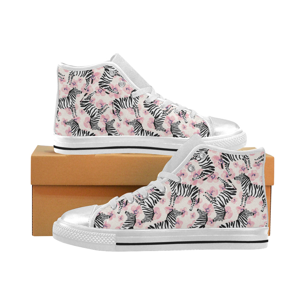 Zebra pink flower background Women's High Top Canvas Shoes White