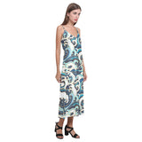 Japanese wave pattern V-Neck Open Fork Long Dress