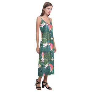 Parrot Palm tree leaves flower hibiscus pattern V-Neck Open Fork Long Dress