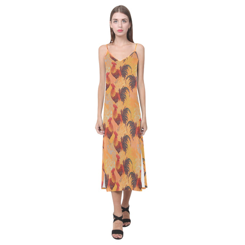 red rooster chicken cock pattern V-Neck Open Fork Long Dress