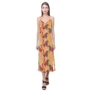 red rooster chicken cock pattern V-Neck Open Fork Long Dress