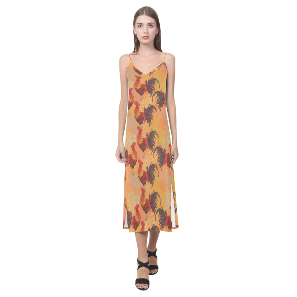 red rooster chicken cock pattern V-Neck Open Fork Long Dress