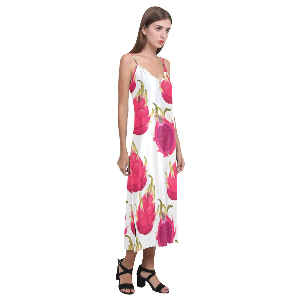 dragon fruits design pattern V-Neck Open Fork Long Dress