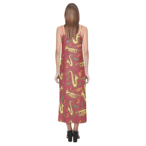 Saxophone cornet pattern red background V-Neck Open Fork Long Dress
