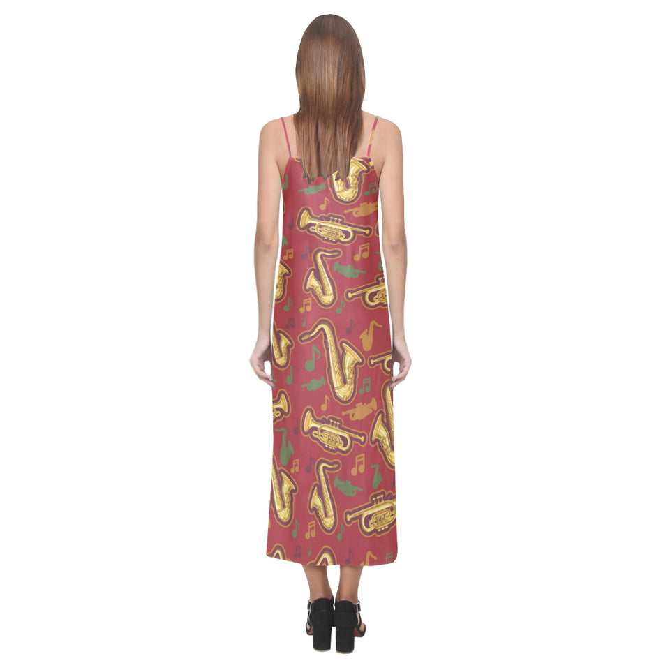 Saxophone cornet pattern red background V-Neck Open Fork Long Dress