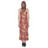 Saxophone cornet pattern red background V-Neck Open Fork Long Dress