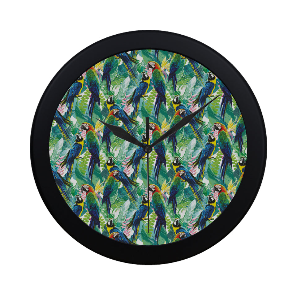 Colorful parrot exotic flower leaves Elegant Black Wall Clock