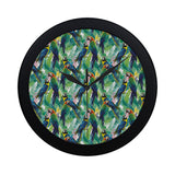 Colorful parrot exotic flower leaves Elegant Black Wall Clock