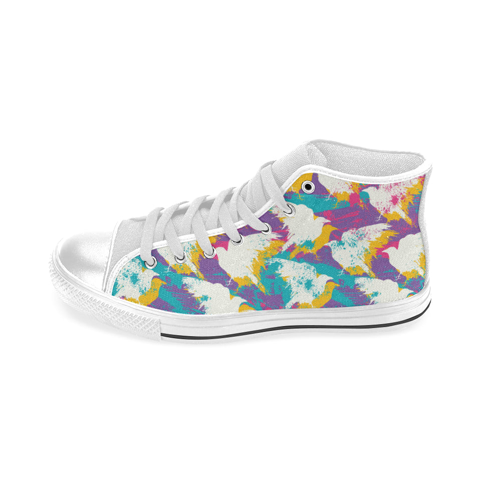 Colorful crow illustration pattern Men's High Top Canvas Shoes White
