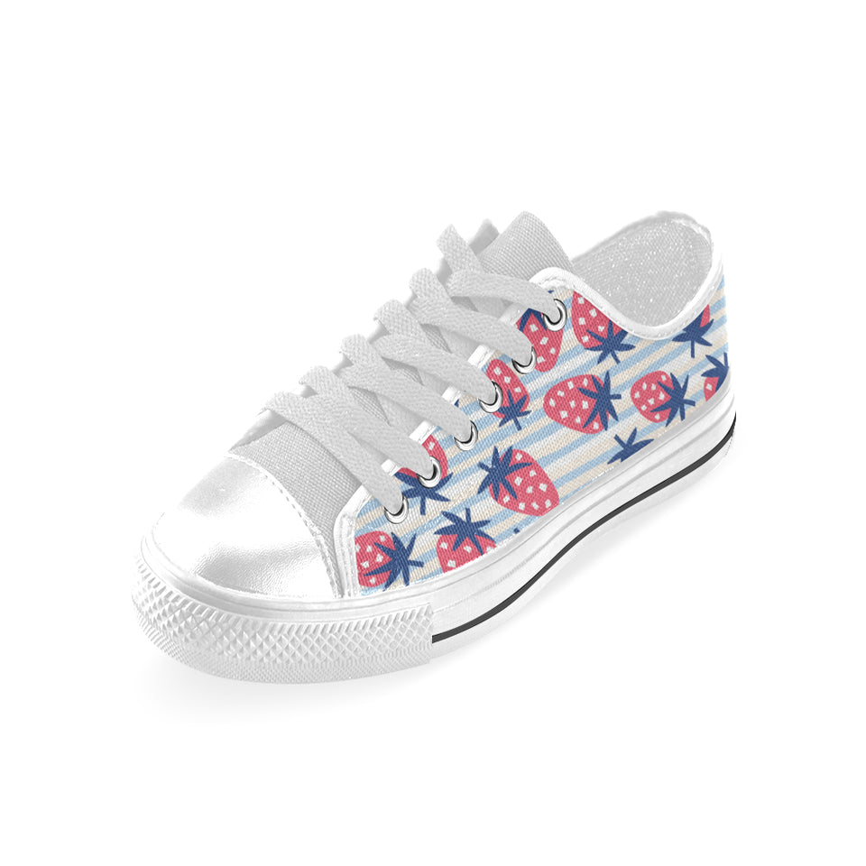 Strawberry pattern blue lines background Men's Low Top Shoes White