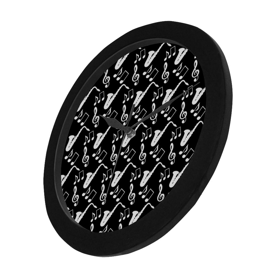 Saxophone music notes treble clef black white them Elegant Black Wall Clock