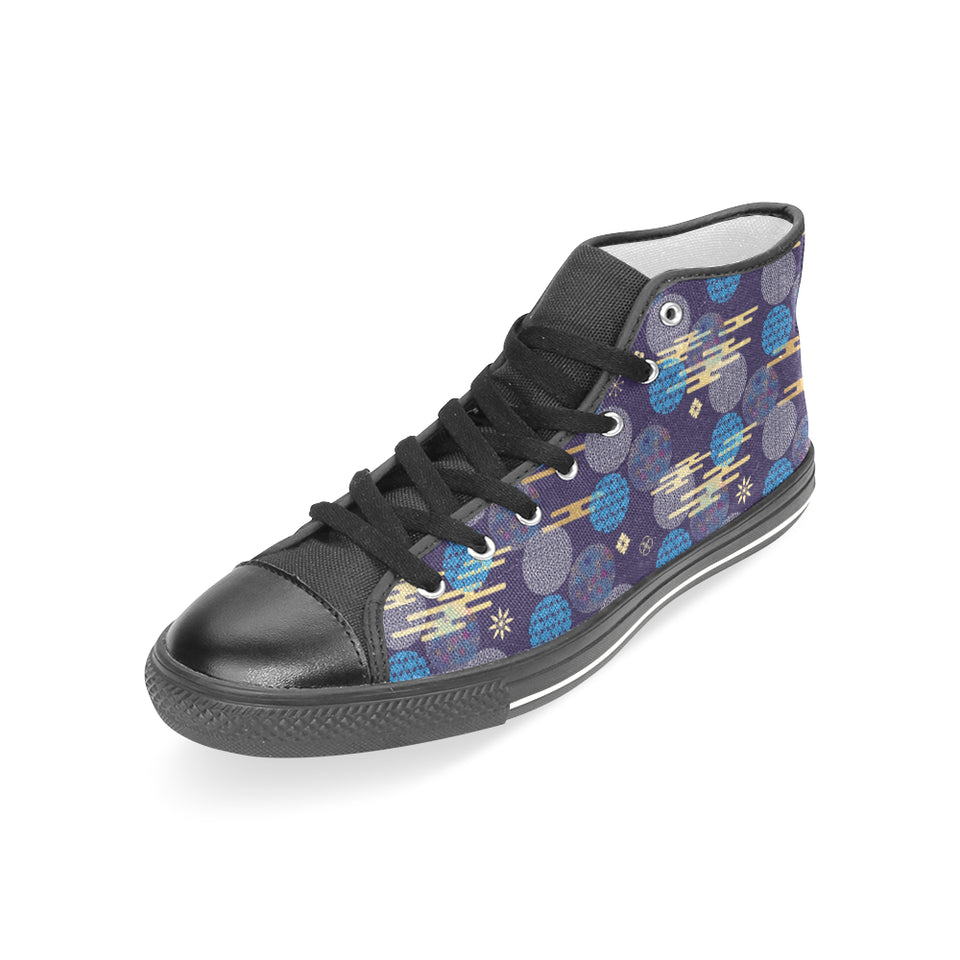 Blue japanese pattern cloud wave flower Women's High Top Canvas Shoes Black