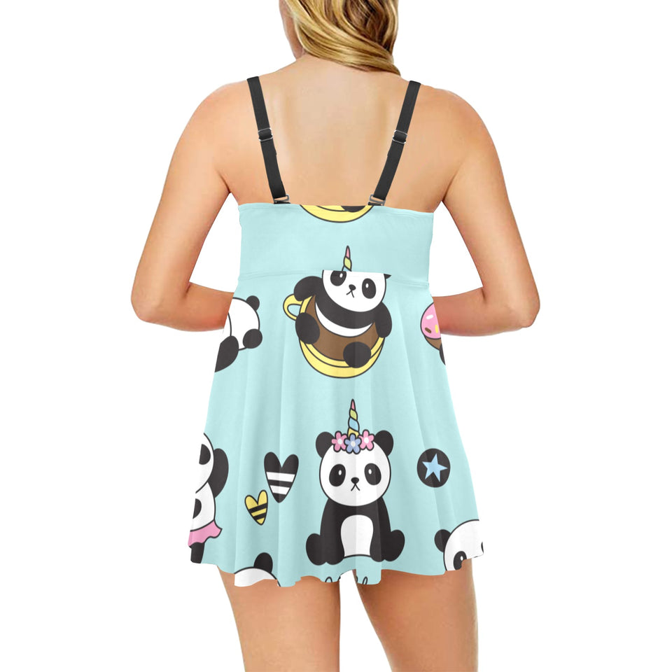 Cute baby panda pattern Chest Sexy Pleated Two Piece Swim Dress