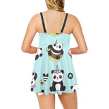 Cute baby panda pattern Chest Sexy Pleated Two Piece Swim Dress