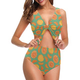 orange fruit pattern green background Chest Bowknot High Waisted Bikini Swimsuit