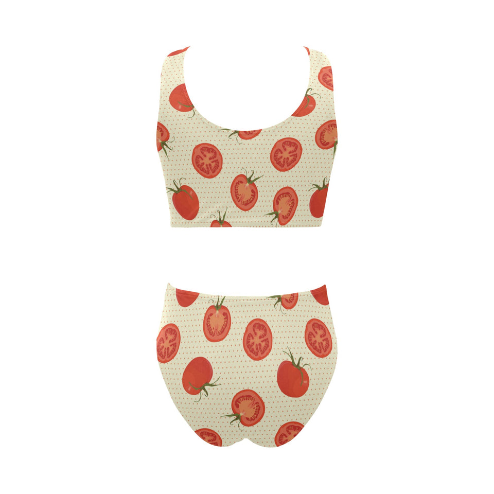 Tomato dot background Chest Bowknot High Waisted Bikini Swimsuit
