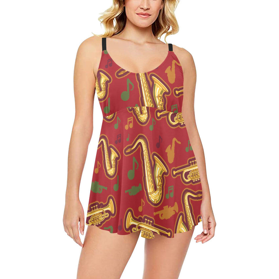 Saxophone cornet pattern red background Chest Sexy Pleated Two Piece Swim Dress
