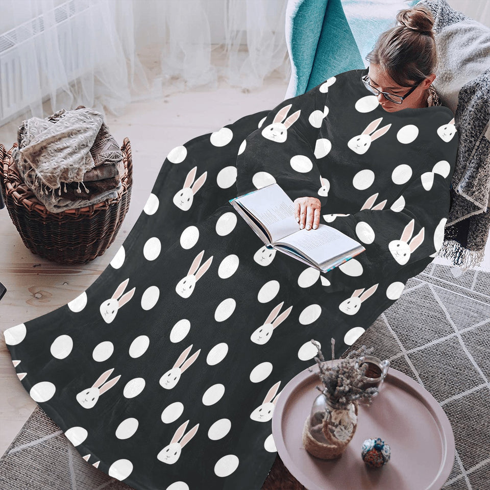 Cute white rabbit polka dots black background Blanket Robe with Sleeves