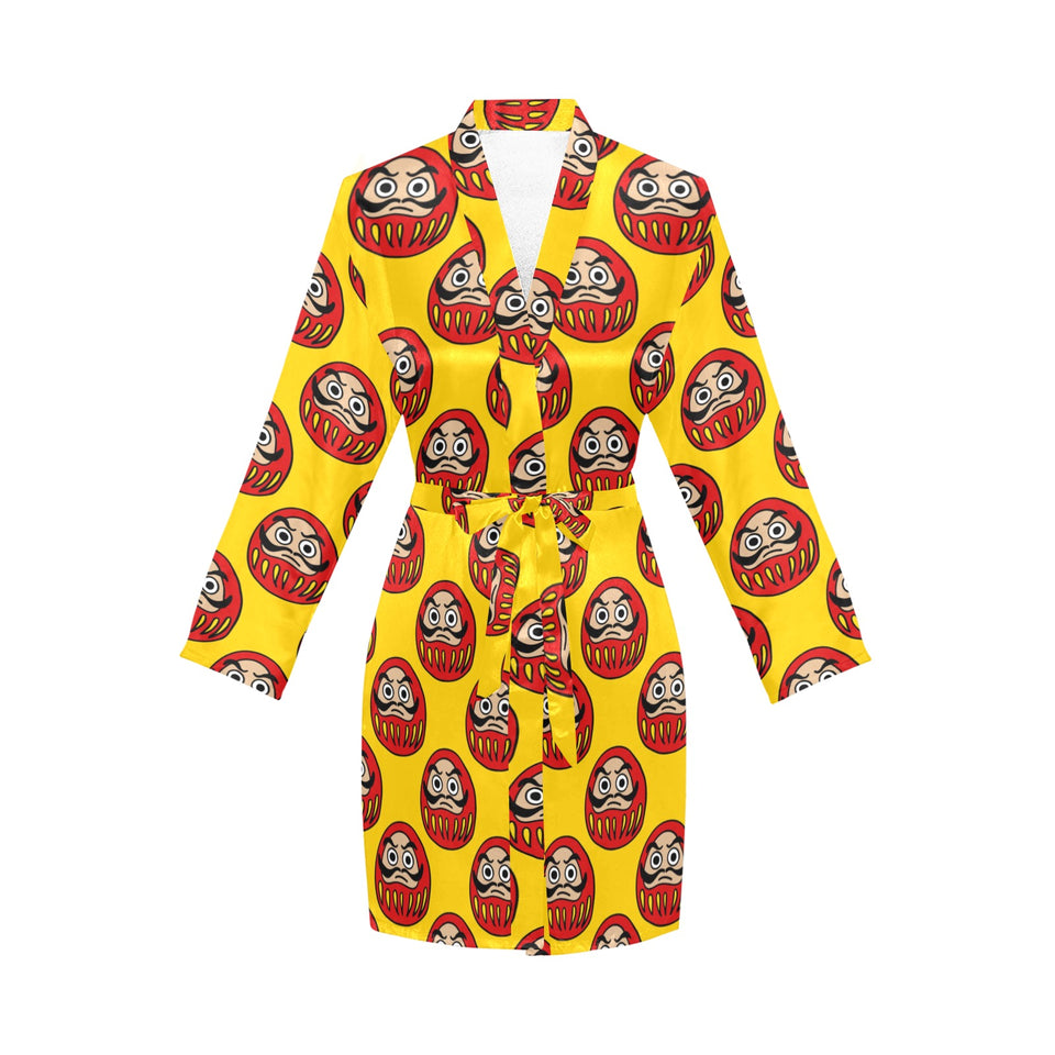 Daruma japanese wooden doll yellow background Women's Long Sleeve Belted Night Robe