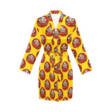 Daruma japanese wooden doll yellow background Women's Long Sleeve Belted Night Robe