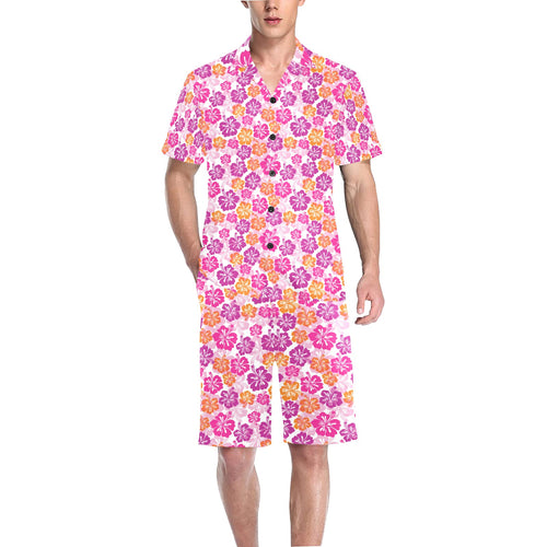 Hibiscus Pattern Print Design 01 Men's V-Neck Short Pajama Set