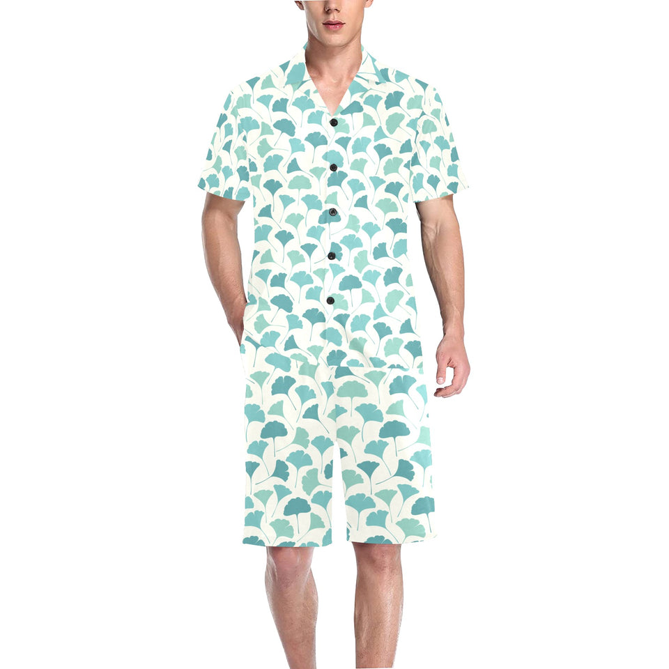Green ginkgo leaves pattern Men's V-Neck Short Pajama Set