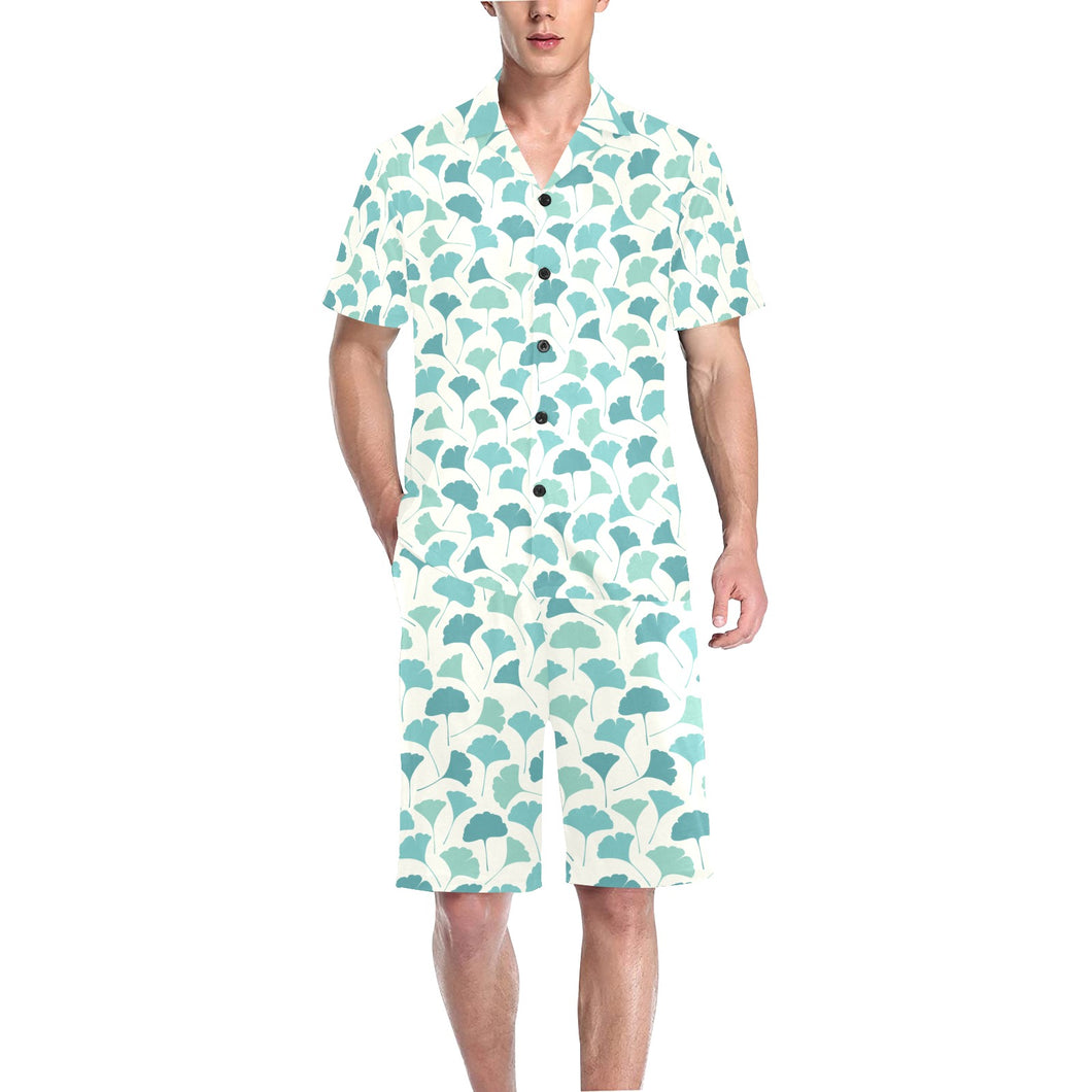 Green ginkgo leaves pattern Men's V-Neck Short Pajama Set