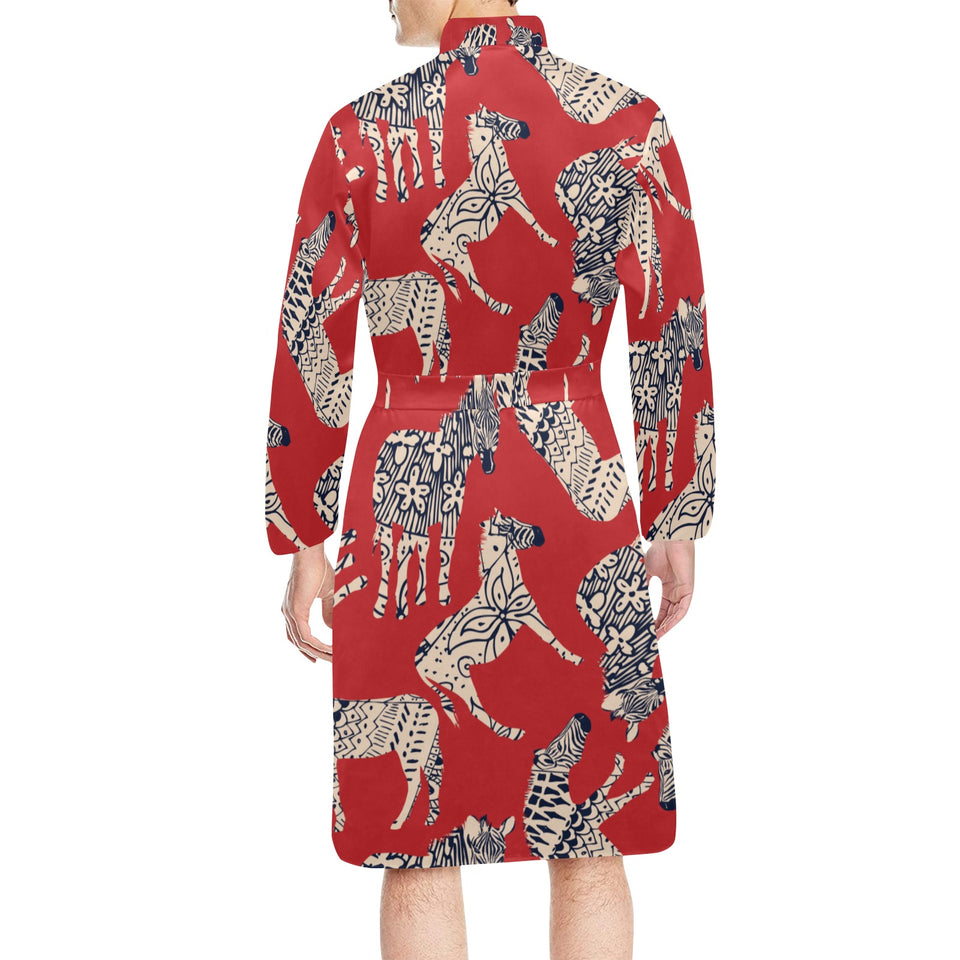 Zebra abstract red background Men's Long Sleeve Belted Night Robe