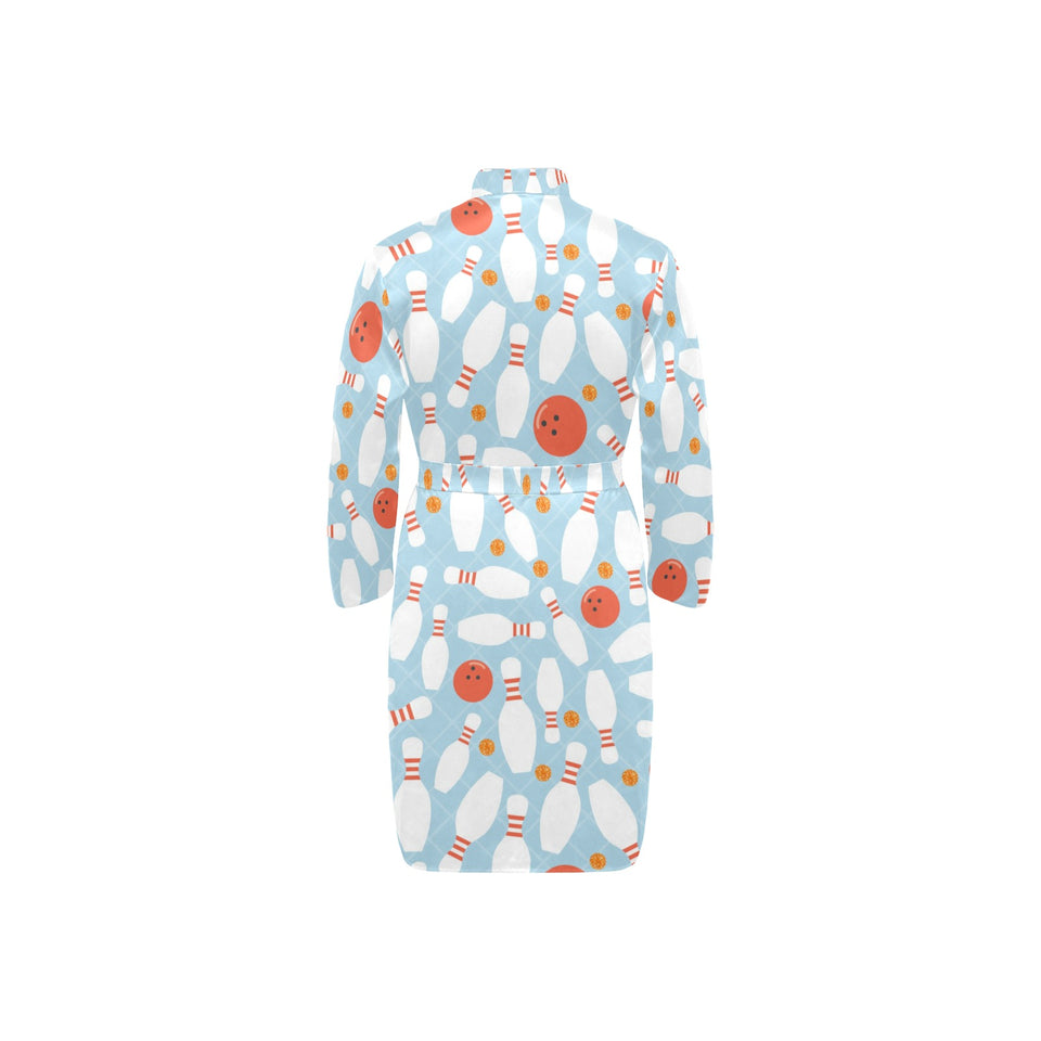 Bowling ball bowling pins blue blackground Men's Long Sleeve Belted Night Robe