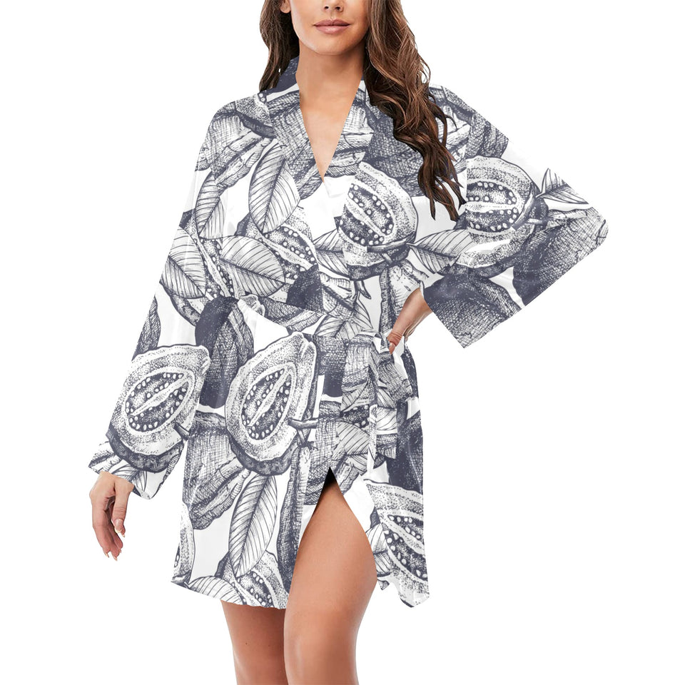 Guava tropical hand drawn pattern Women's Long Sleeve Belted Night Robe