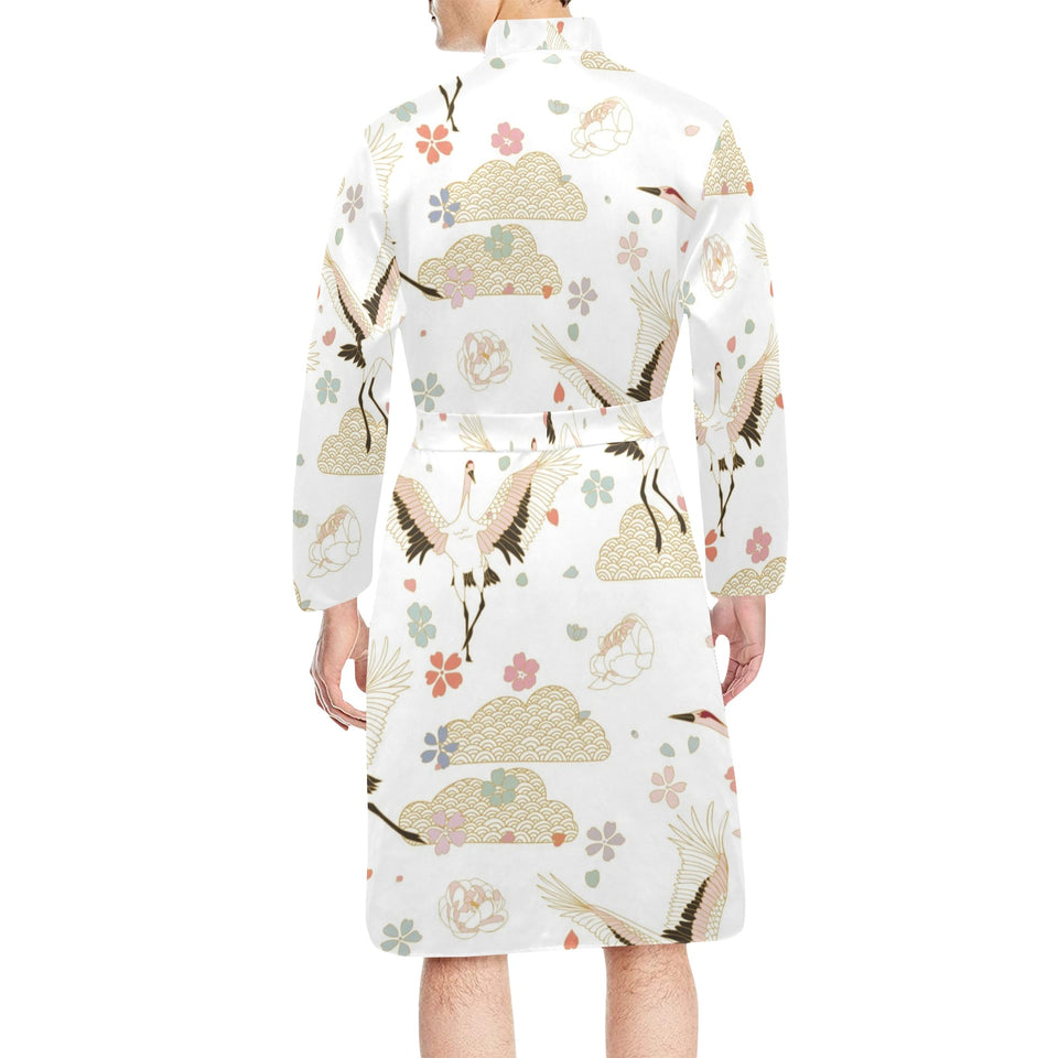 Beautiful Japanese cranes pattern Men's Long Sleeve Belted Night Robe