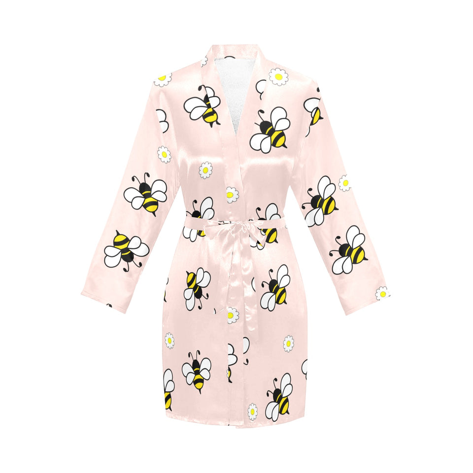 Cute bee flower pattern pink background Women's Long Sleeve Belted Night Robe