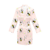 Cute bee flower pattern pink background Women's Long Sleeve Belted Night Robe