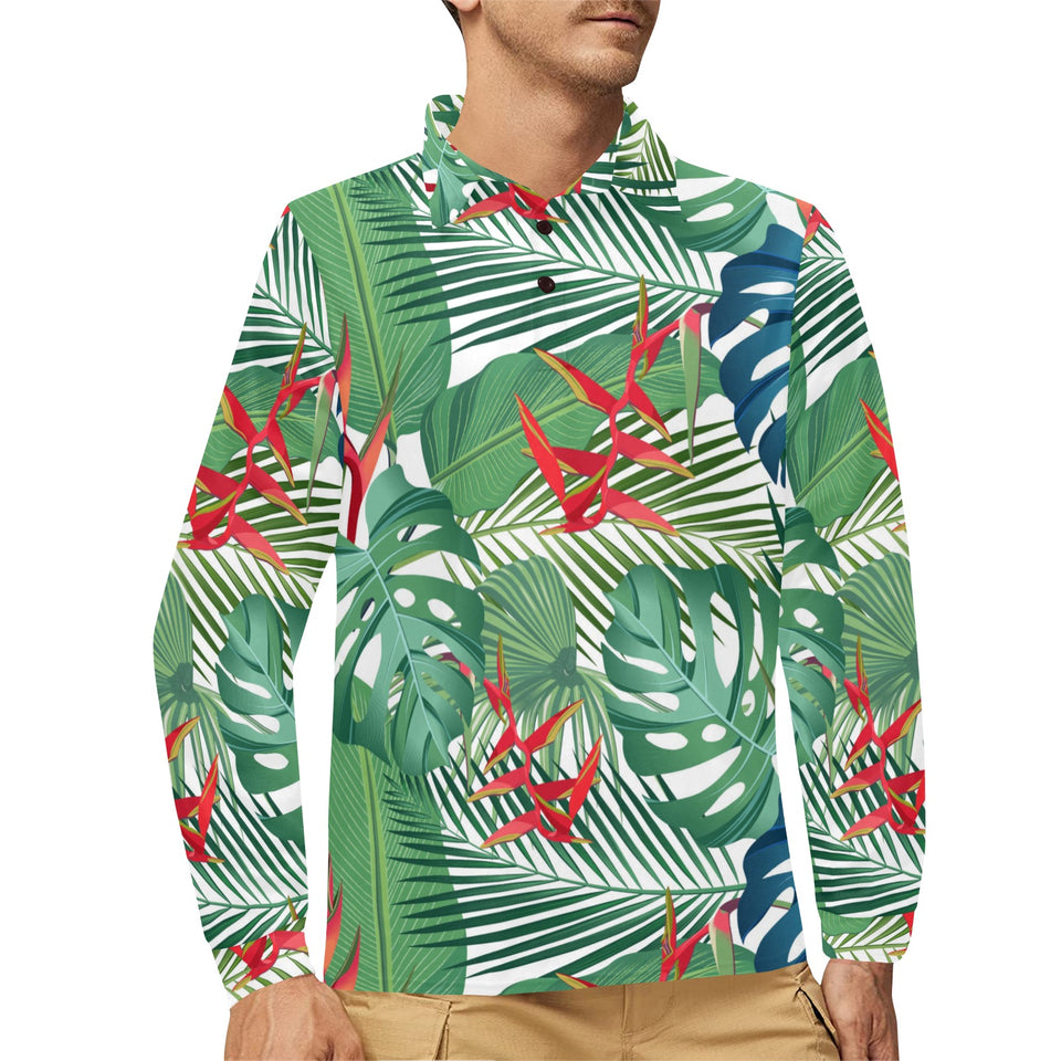 heliconia palm and monstera leaves pattern Men's Long Sleeve Polo Shirt