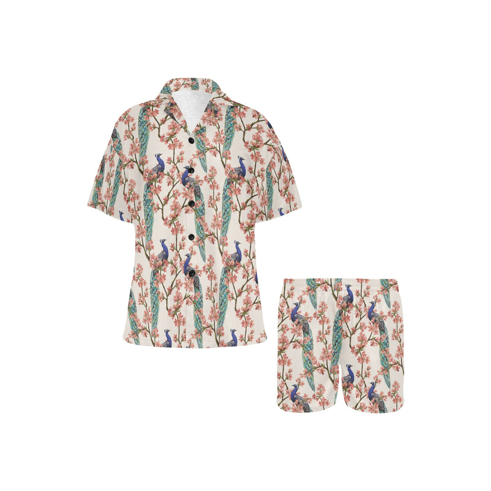Peacock tropical flower pattern Women's V-Neck Short Pajama Set