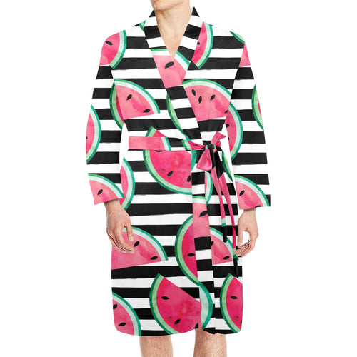 Watercolor paint textured watermelon pieces Men's Long Sleeve Belted Night Robe