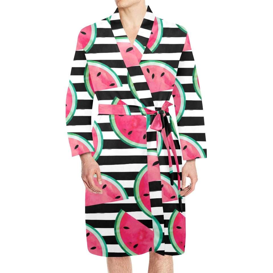 Watercolor paint textured watermelon pieces Men's Long Sleeve Belted Night Robe