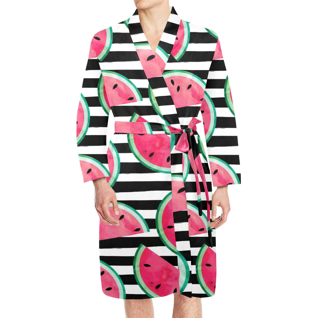 Watercolor paint textured watermelon pieces Men's Long Sleeve Belted Night Robe