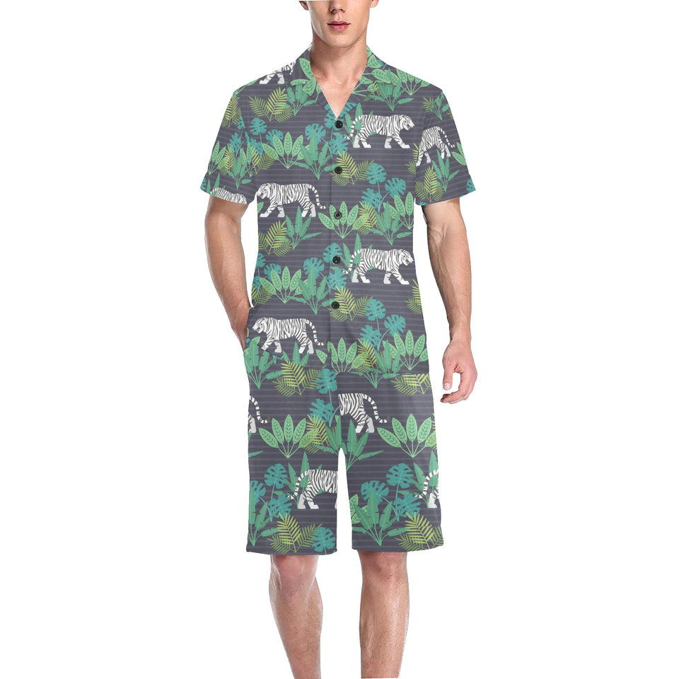 white bengal tigers tropical plant Men's V-Neck Short Pajama Set