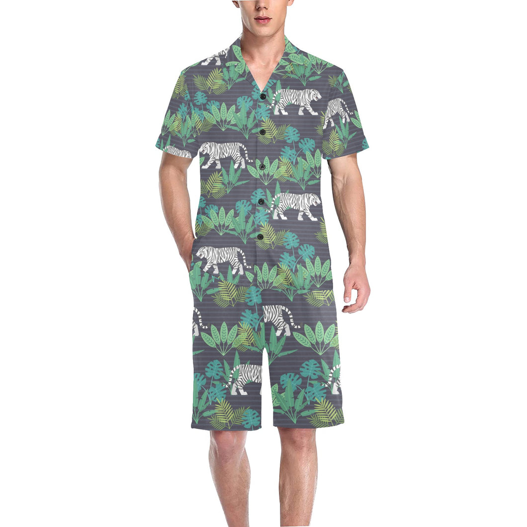 white bengal tigers tropical plant Men's V-Neck Short Pajama Set