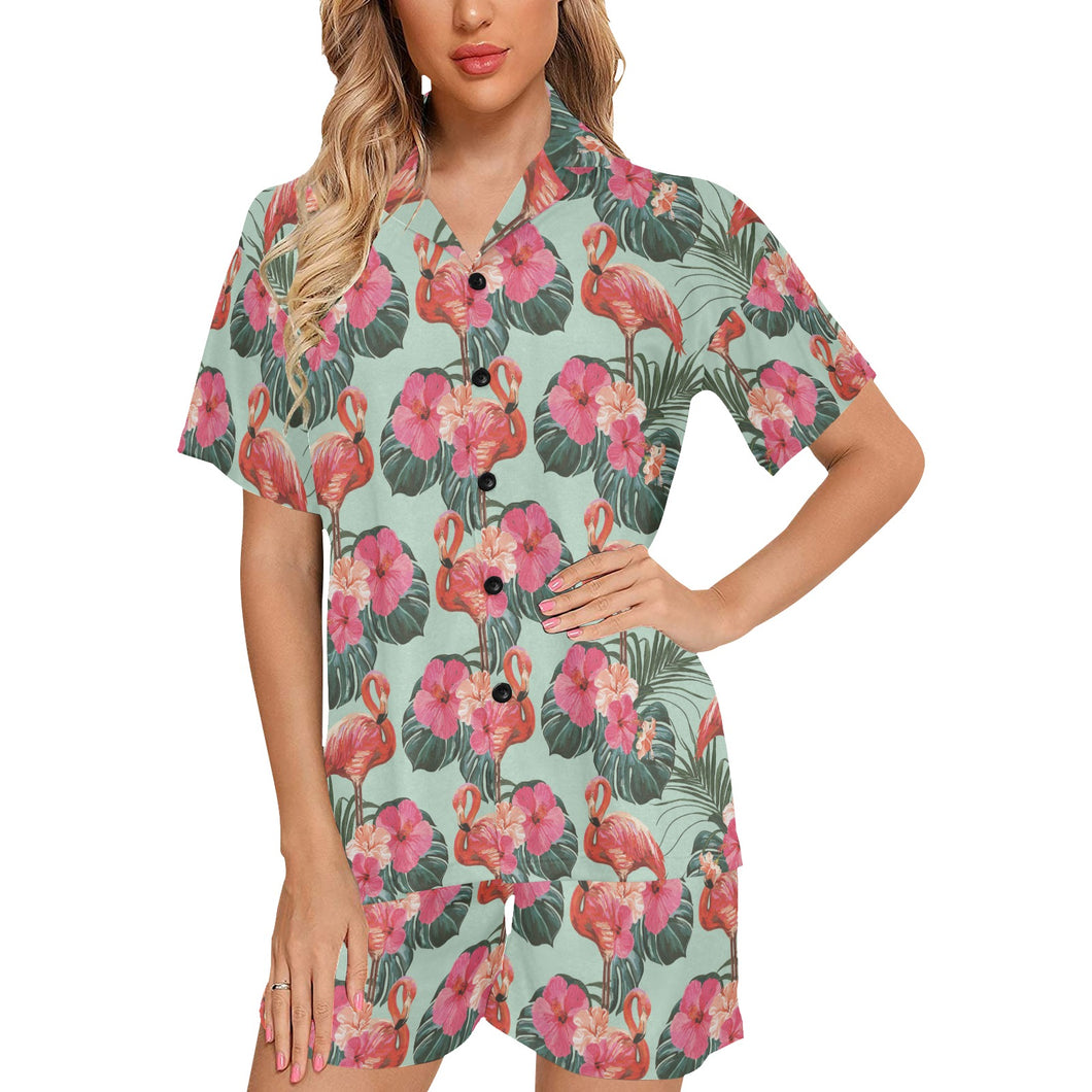Beautiful flamingo tropical palm leaves hibiscus p Women's V-Neck Short Pajama Set