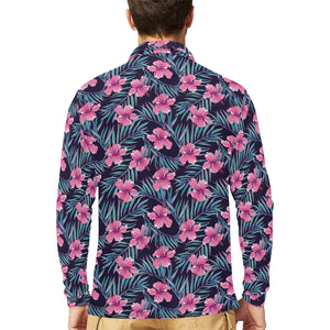 Hibiscus Pattern Print Design 05 Men's Long Sleeve Polo Shirt