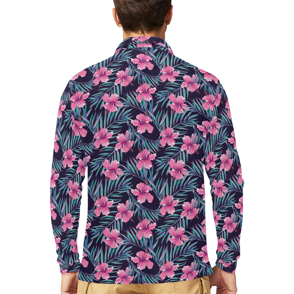 Hibiscus Pattern Print Design 05 Men's Long Sleeve Polo Shirt