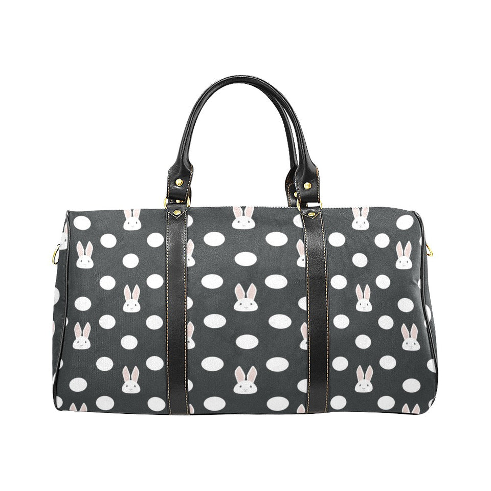 Cute white rabbit polka dots black background Travel Bag